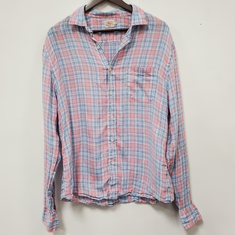 Faherty Mens Linen Long Sleeve Button Up Shirt L Pink Blue Plaid MWS1936RBM